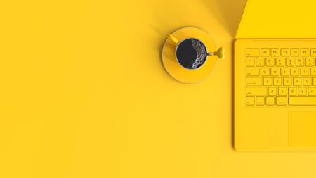 minimal idea concept. coffee yellow cup beside laptop on work desk top view and copy space for your text. 3D render.の写真素材