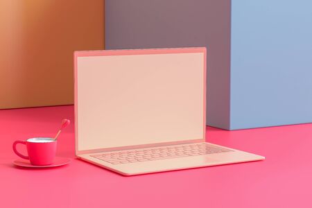 Laptop mock-up Pastel color on work desk table with cup coffee, 3D Render.の写真素材