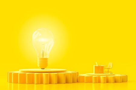 Work desk and light bulb yellow color on the gear. minimal and creative idea concept, 3d render.の写真素材