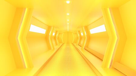 Yellow spaceship sci-fi corridor.  minimal idea concept, 3D render.