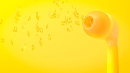 Yellow musical notes bursts from earphone on yellow color background. Music and Minimal idea concept, 3D Render.の写真素材