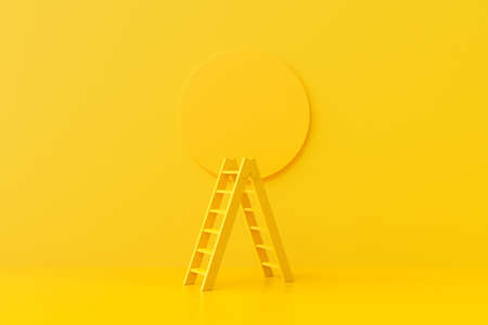 Yellow Ladder on the background with a circle stuck on the wall for background. Minimal idea concept, 3D render.の写真素材