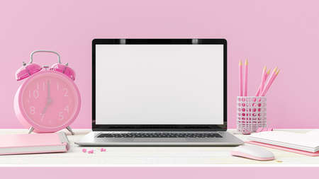 Laptop on table Work desk mock-up for your text with notebook ,mouse ,alarm clock ,Paper clip ,Pencil and Pin with pink color . lovely idea concept, 3d render.の写真素材