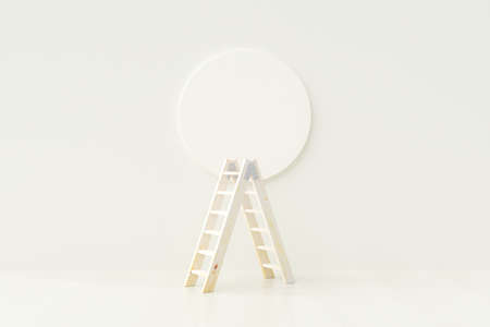 Wooden Ladder on white background with a circle stuck on the wall. Minimal idea concept, 3D render.の写真素材