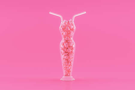 Glass shaped like a woman, filled with pink hearts. Minimal and Love background idea concept, 3D Render.の写真素材