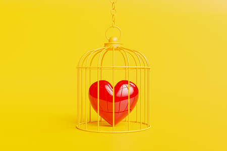 Heart is locked in a cage. The concept of love and restraint. 3d render.