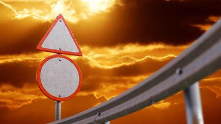 Empty red road sign Mock-Up old and decayed with sun is rising background. copy space for your text, 3D Render.の写真素材