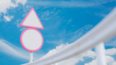 Empty pink road sign Mock-Up with blue sky. pastel color background concept, 3D Render.