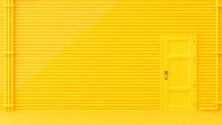 Yellow door on the wall is wavy with pipes for the background. Minimal idea concept, 3D Render.の写真素材