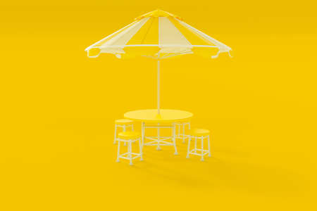 Yellow table and chairs and umbrella used on the beach or in the street restaurants. Minimal idea concept, 3D Render.の写真素材