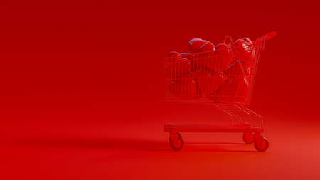 Red heart in shopping cart. Minimal and Love background idea concept, 3D Render.の写真素材