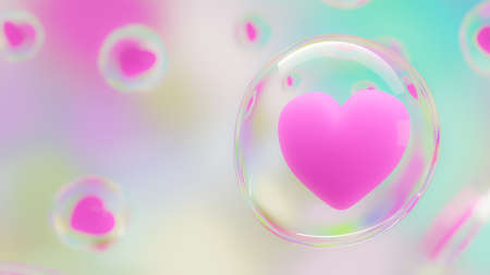 Pink heart protected by bubbles is floating with many other hearts. Concept of love and protection, 3D Render.の写真素材