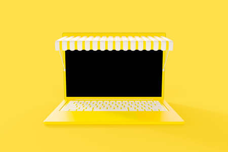 Yellow Laptop Computer mock-up that looks like a shop on yellow background. Minimal idea concept, 3D Render.の写真素材