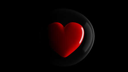 Red heart protected by bubbles and the light shining from the side on black background. Concept of...