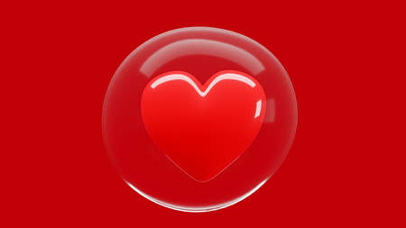 Red heart protected by bubbles on red background. Concept of love and protection, 3D Render.の写真素材