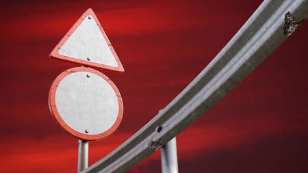 Empty red road sign Mock-Up old and decayed with sun is rising background. copy space for your text,...