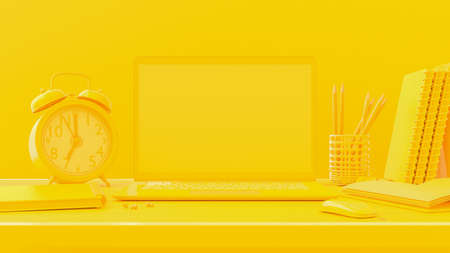 Minimal concept, Laptop on table Work desk yellow color and mock-up for your text with notebook...