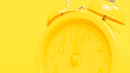 Yellow alarm clock and copy space for your text. Alarm at 12.00. Minimal idea concept, 3D Render.