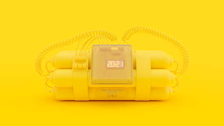 Yellow Bombs with digital clock timer 2021  .  Minimal idea concept, 3D Render.