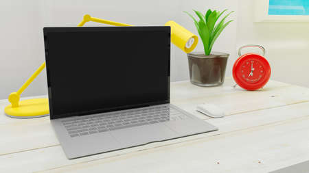 Laptop on table Work desk in office and RED Alarm clock, mock-up for your text. 3d render.