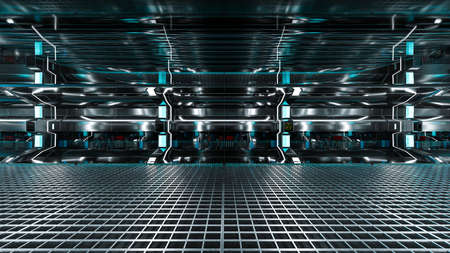 Realistic spaceship sci-fi corridor background, 3D render.