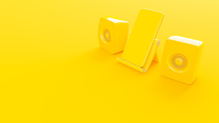Yelllow smartphone and yellow speaker on Phone stand. Mock-Up for your text. Minimal idea concept,...