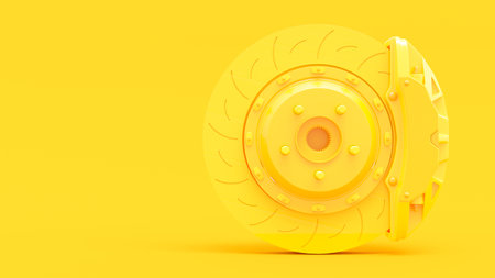 Yellow Brake Disc for car. Clipping path and copy space for your text. Minimal idea concept, 3D Render.の写真素材