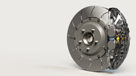 Brake Disc and Clear transparent Calliper on white table. Brake from Racing car with Clipping path and copy space for your text. 3D Render.の写真素材