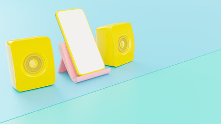 Yelllow smartphone and yellow speaker on Pink phone stand. Mock-Up for your text, 3d render.の写真素材