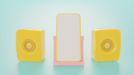 Yelllow speaker and yellow smartphone on Pink phone stand. Mock-Up for your text, 3d render.の写真素材