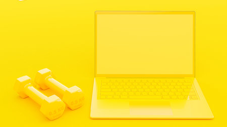 Dumbbell beside Laptop yellow color on rough yellow surface background. Mock-Up for your text. Minimal idea concept, 3D Render.の写真素材