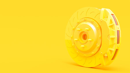 Yellow Brake Disc for car. Clipping path and copy space for your text. Minimal idea concept, 3D Render.の写真素材