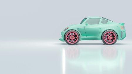 Green car with pink wheel. 3D Render.の写真素材