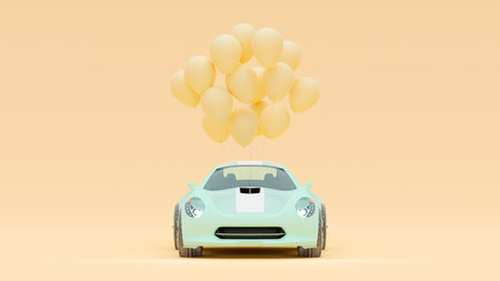 Green car with yellow balloon pastel color background. Minimal idea concept, 3D Render.の写真素材