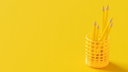 Yellow pencil In desk tidy on fabric texture yellow background. Copy space for text or logo. Minimal idea concept, 3D Render.の写真素材
