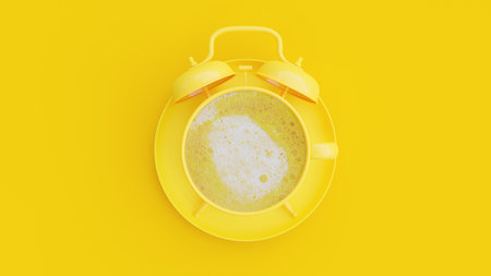 Yellow cup that look like an alarm clock on a yellow background. Minimal idea concept, 3D Render.