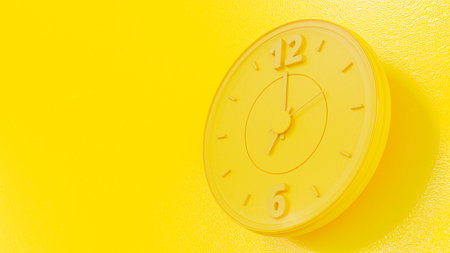 Yellow Clock and copy space for your text. Almost noon time. Minimal idea concept, 3D Render.