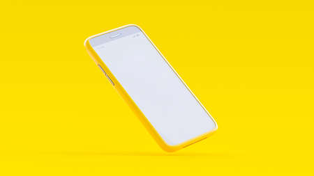 mobile phone in yellow case Mock-Up on yellow background. minimal idea concept, 3D Render.の写真素材