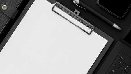 Clipboard on black office desk with notebook and cup coffee. 3D Renderの写真素材
