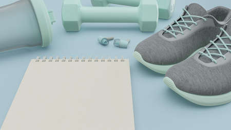 Notebook with exercise equipment consisting of running shoes, dumbbell, water glasses, headphones in green and blue tones. 3D Render.の写真素材