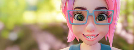 Little girl runner with big eyes wearing glasses and braces is smiling happily on the nature trail. Expression of the cartoon character. Copy space for your text and banner size, 3D Render.の写真素材