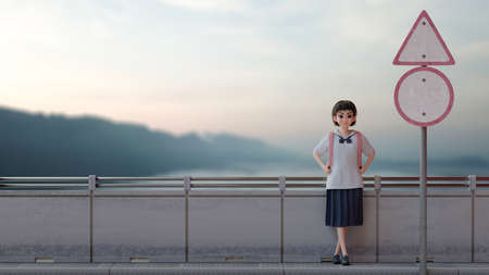 Child student wearing school uniform carrying backpack Waiting for school bus on the bridge in the middle of nature, Cartoon character. Back to school concept, 3D Render.の写真素材