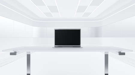 Laptop on desk made of glass. In bright white empty room. Looks like scientific laboratory. 3D Render.の写真素材