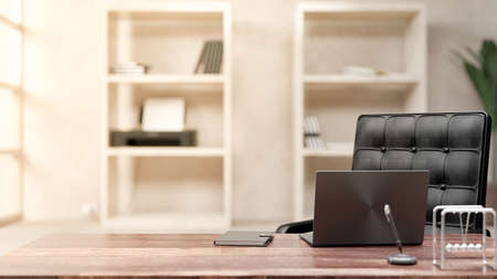 Laptop on desk in the office. light from side and copy space for your text or advertising banners. 3D Render.の写真素材