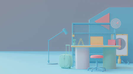 Office pastel color. Laptop on the desk and many amenities. side for text or advertising banners. 3D Render.の写真素材