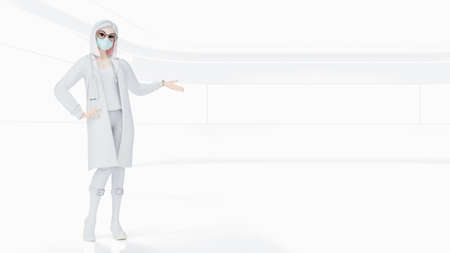 beautiful woman doctor is showing some gestures.
in the office or in the hospital that is very bright for white background. Copy space for your text and banner size, 3D Render.の写真素材