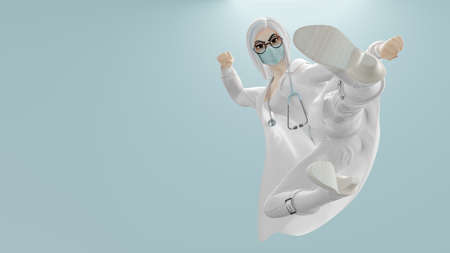 Beautiful woman doctor is showing a fighting pose. Pastel blue background with light shining from above. Copy space for your text and banner size, 3D Render.の写真素材