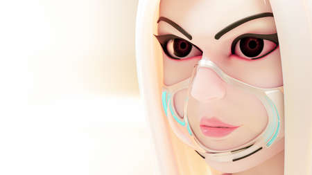 Beautiful woman wearing modern and futuristic virus mask. Close-Up selective focus on eyes and the glare coming from side. Expression of the cartoon character. Pastel tone color background, 3D Renderの写真素材