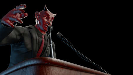 Demonic leader is like red devil. wearing black suit is speaking on oratory stand. Copy space for your text and Black Background, 3D Render.の写真素材