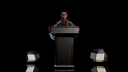 Demonic leader is like red devil. wearing black suit is speaking on oratory stand Black Background, 3D Render.の写真素材